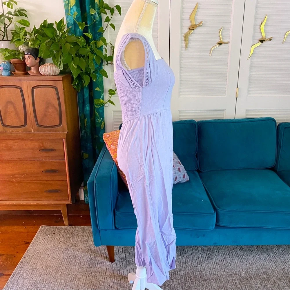 Entro | Layla Solid Smocked Cropped Jumpsuit Crochet Lilac Linen Purple Large - Picture 8 of 13